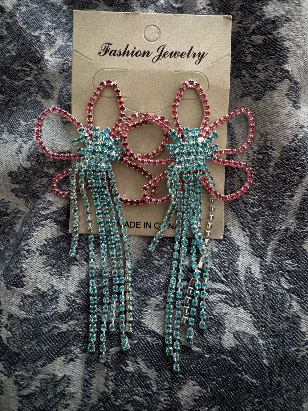 Fashion Jewelry Pink & Turquoise Crystal Bow Fringe Earrings